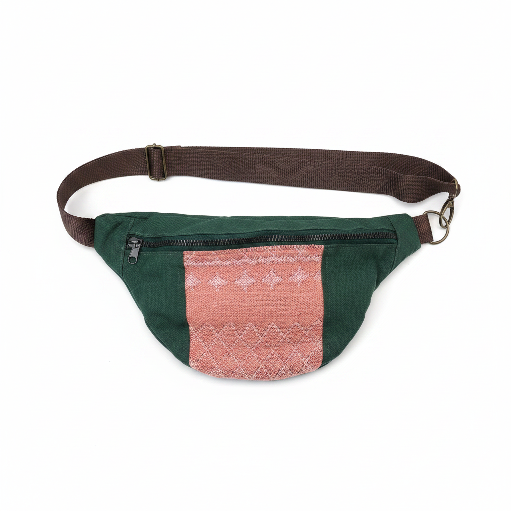 Sac banane coton vert et rose Fakroun Creations